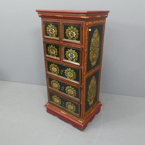 2177 - A modern folk-art painted eastern European style narrow chest of seven drawers. Width 49cm, height 1... 