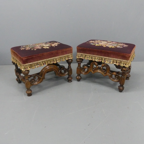 2181 - A pair of Victorian walnut and needlepoint upholstered footstools. Width 53cm, height 41cm, depth 36... 