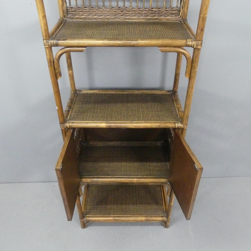 2188 - A faux-bamboo and rattan panelled shelving unit, with two cupboard doors and three shelves. Width 68... 