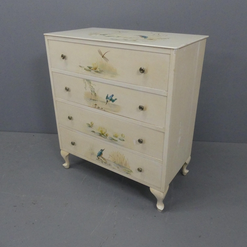 2189 - A modern chest of four long drawers, decorated with painted kingfisher and river scenes, and raised ... 