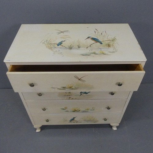 2189 - A modern chest of four long drawers, decorated with painted kingfisher and river scenes, and raised ... 