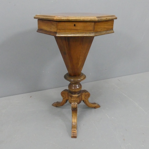 2190 - A Victorian mahogany and satinwood strung and inlaid octagonal topped trumpet sewing table. Width 44... 