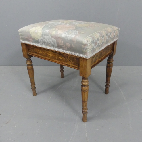 2193 - A 19th century rosewood and upholstered music stool, with carved and inlaid satinwood decoration. Wi... 