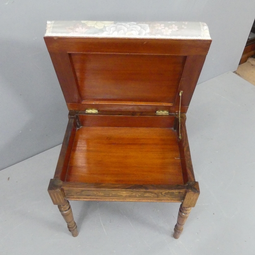 2193 - A 19th century rosewood and upholstered music stool, with carved and inlaid satinwood decoration. Wi... 