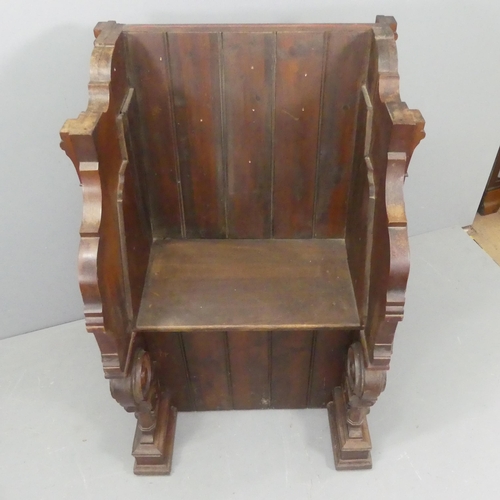 2200 - An antique panelled pine church seat. Overall width 83cm, height 126cm, depth 67cm, seat width 59cm,... 