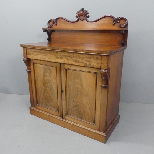 2206 - A Victorian mahogany chiffonier with raised back, carved decoration, flame veneered doors and plum-p... 