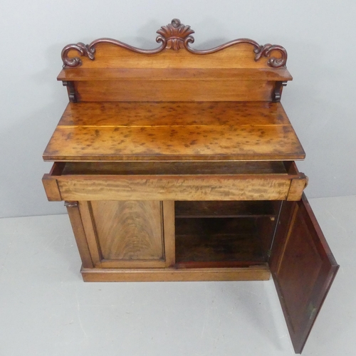 2206 - A Victorian mahogany chiffonier with raised back, carved decoration, flame veneered doors and plum-p... 