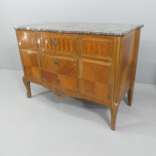 2031 - An antique French oak and kingwood marquetry inlaid Transition style chest of three drawers, with ma... 