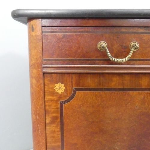 2041 - A French mid 20th century amboyna veneered and ebony strung cabinet with black marble top and brass ... 