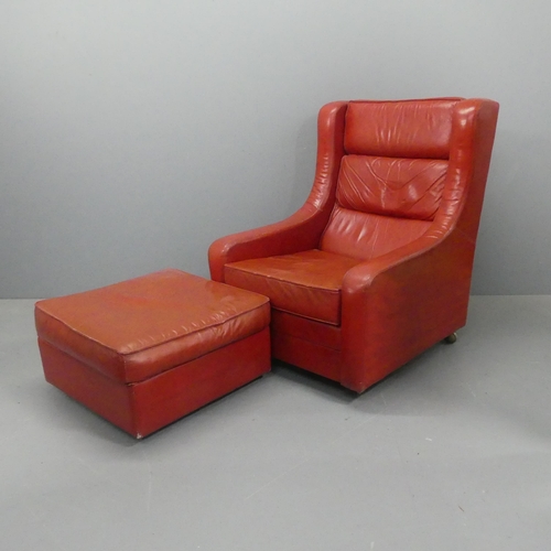 2025 - A mid-century Danish style red leather upholstered lounge chair in the manner of Hans Olsen.