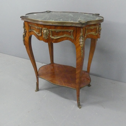 2027 - A French kingwood-veneered marble-topped two-tier centre table, with brass mounts, single drawer and... 