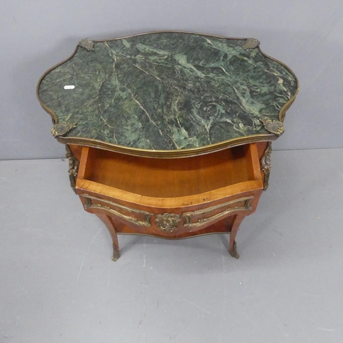 2027 - A French kingwood-veneered marble-topped two-tier centre table, with brass mounts, single drawer and... 