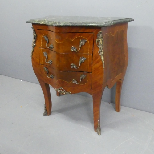 2028 - A French kingwood and walnut veneered oak and marble-topped bombe commode chest of three drawers, wi... 