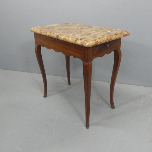 2030 - A French cherrywood and marble topped side table, with end frieze drawer, cabriole legs and ormolu m... 