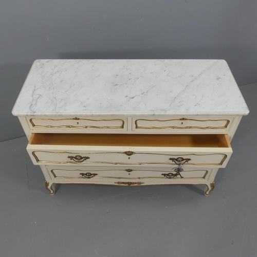 2042 - A French marble-top chest of two short and three long drawers, the base painted in white and gold, w... 