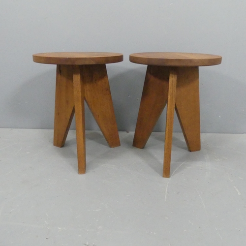 2044 - A pair of French mid-century oak low stools in the manner of Jean Prouve. Height 43cm