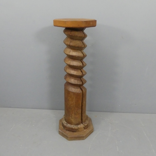 2046 - A French elm spiral turned column plant stand, with oak pedestal and base. Width 32cm, height 105cm.