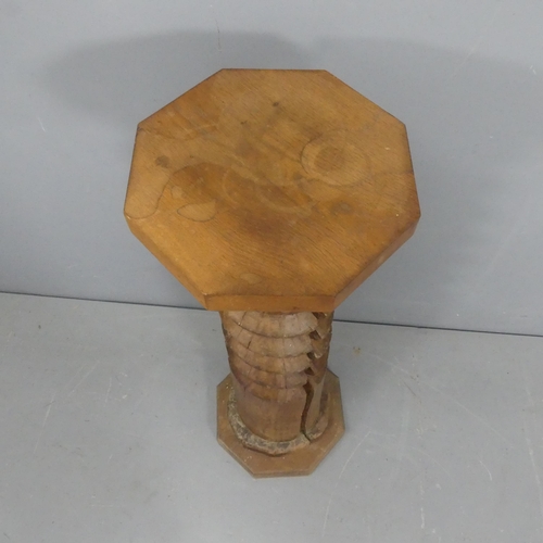 2046 - A French elm spiral turned column plant stand, with oak pedestal and base. Width 32cm, height 105cm.