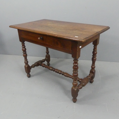 2207 - A Victorian mahogany side table on oak base, with single drawer, turned legs and H-shaped stretcher.... 