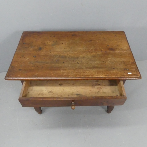 2207 - A Victorian mahogany side table on oak base, with single drawer, turned legs and H-shaped stretcher.... 