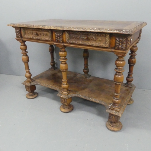 2209 - A 19th century continental walnut two-tier buffet / serving table, with two drawers, turned supports... 