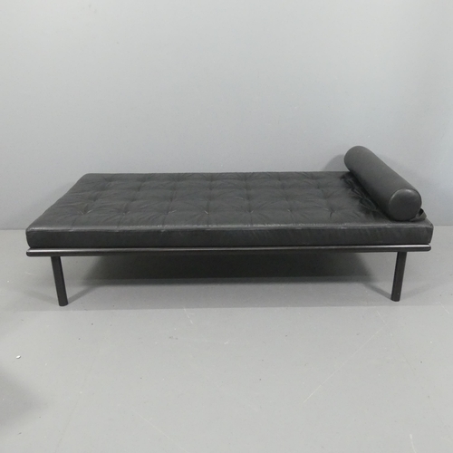 2068 - A contemporary black leather upholstered daybed on metal frame, in the manner of Jean Prouvé. Length... 