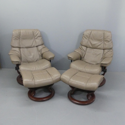 2059 - EKORNES - A pair of Classic Reno Stressless leather upholstered reclining swivel lounge chairs with ... 