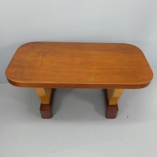 2062 - A 1930s Art Deco dining table, the teak top on birch veneered tablet legs with teak feet. Length 153... 