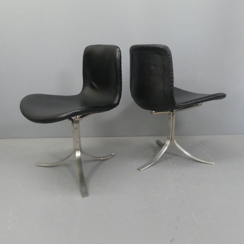 2063 - A pair of mid-century design leather chairs on three curved steel legs in the manner of Poul Kjaerho... 