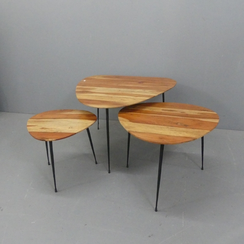 2072 - A contemporary nest of three triangular occasional tables, with acacia tops on tapered metal legs. L... 