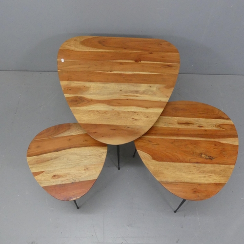 2072 - A contemporary nest of three triangular occasional tables, with acacia tops on tapered metal legs. L... 