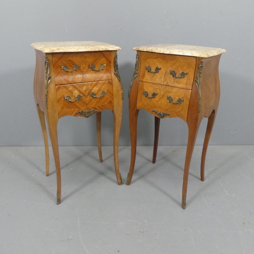 2076 - A pair of French walnut marble top bedside chests of two drawers, with marquetry inlaid decoration, ... 