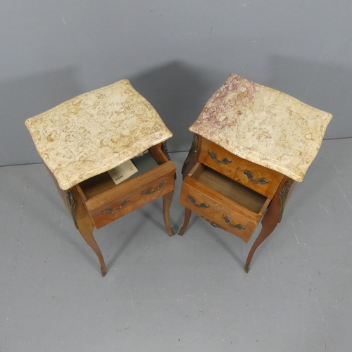 2076 - A pair of French walnut marble top bedside chests of two drawers, with marquetry inlaid decoration, ... 