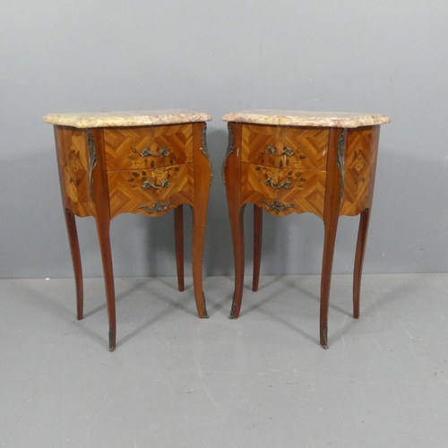 2077 - A pair of French kingwood veneered marble top bedside chests of two drawers, with marquetry inlaid d... 