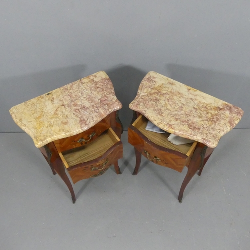 2077 - A pair of French kingwood veneered marble top bedside chests of two drawers, with marquetry inlaid d... 