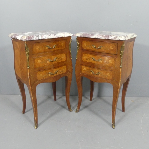 2078 - A pair of French kingwood and marble topped bedside chests of three drawers, with inlaid marquetry d... 