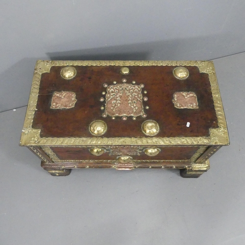 2079 - An 18th century eastern / Batavian padouk-wood spice box on stand, decorated with brass and copper m... 