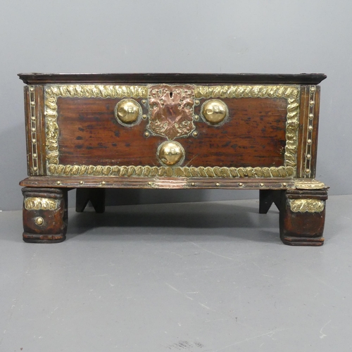 2079 - An 18th century eastern / Batavian padouk-wood spice box on stand, decorated with brass and copper m... 