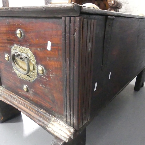 2079 - An 18th century eastern / Batavian padouk-wood spice box on stand, decorated with brass and copper m... 