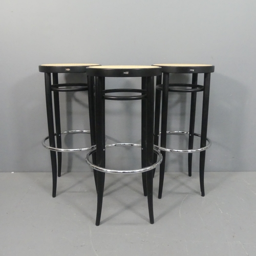 2239 - THONET - A set of 3 contemporary bentwood and chrome stools with cane top and maker’s labels, curren... 