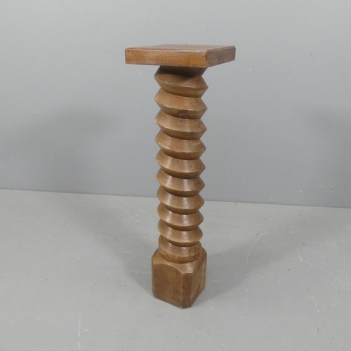 2244 - A French elm spiral turned column with oak pedestal top. Width 26cm, height 95cm.