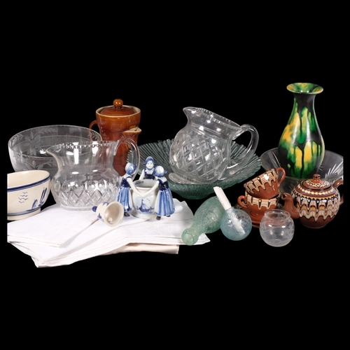 412 - Various decorative china and glassware, and a tablecloth