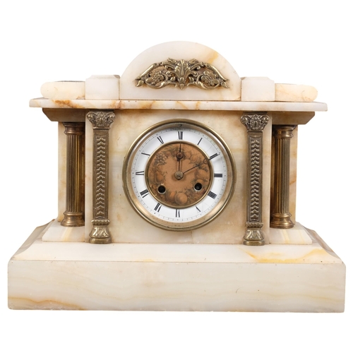 418 - A marble-cased 2-train mantel clock with brass Corinthian columns, H28cm