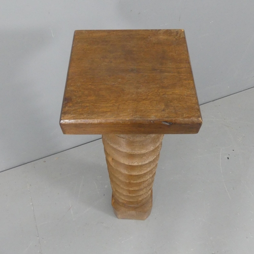 2244 - A French elm spiral turned column with oak pedestal top. Width 26cm, height 95cm.