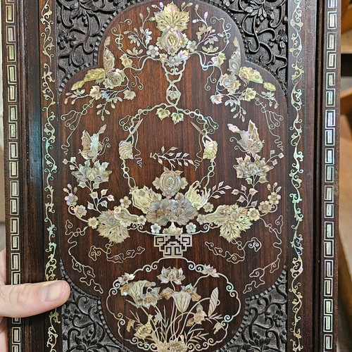 22 - Pair of highly detailed 19th century Chinese rosewood panels, intricate inlaid mother-of-pearl decor... 