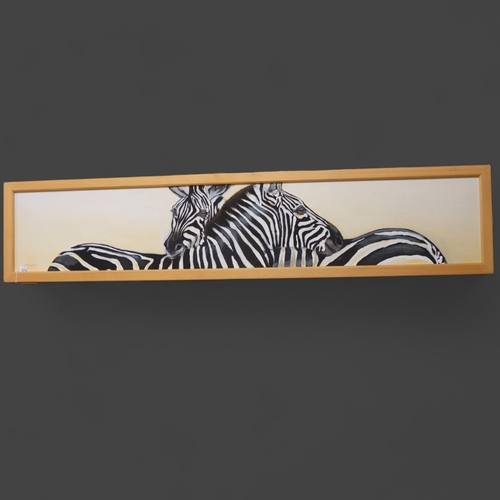 293 - Clive Fredriksson - acrylics on board, panoramic study of Zebra's, signed and dated, framed, overall... 