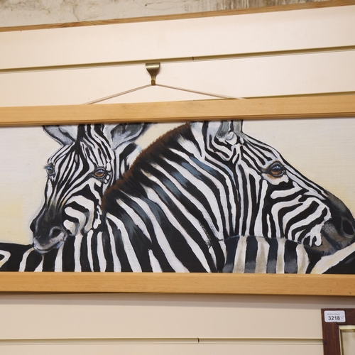 293 - Clive Fredriksson - acrylics on board, panoramic study of Zebra's, signed and dated, framed, overall... 