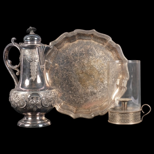 555 - Silver plated chamber stick with storm lantern, coffee pot, and serving tray (3)