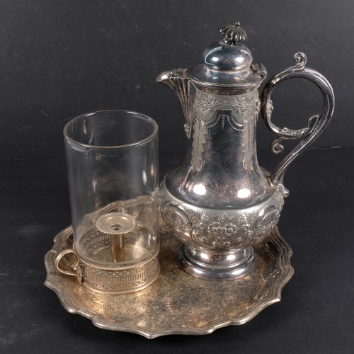 555 - Silver plated chamber stick with storm lantern, coffee pot, and serving tray (3)