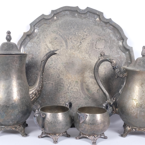 568 - A silver plated Queen Anne style 4-piece tea set, with engraved tray